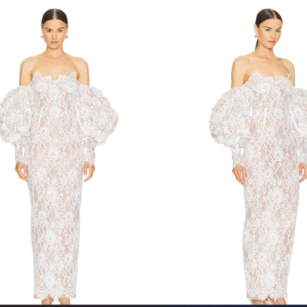 BRONX AND BANCO Colette Blanc Off The Shoulder Gown in White & Lace